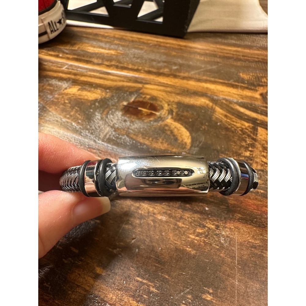 Black Bow Jewelry Co. Mens Stainless Steel Braided Cable Bracelet Black Diamonds